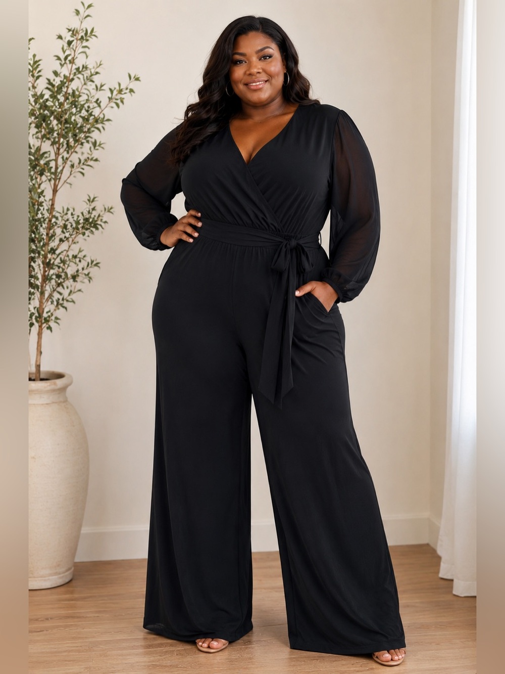 Women’s Black Wide/Flare Leg - Long Sheer Sleeve Jumpsuit by Cato - 26W/28W